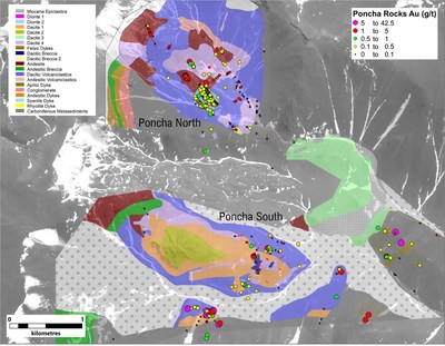 Figure 2. Total sampling at the Poncha project showing gold values and different mineralized zones (CNW Group/Sable Resources Ltd.)