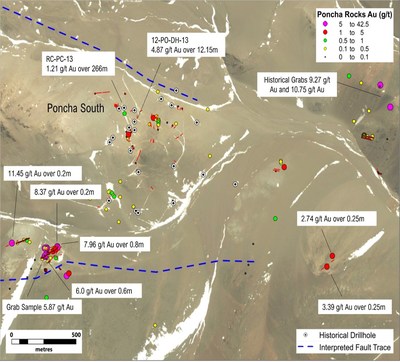 Figure 4. New results from channel samples and historical highlights at Poncha South (CNW Group/Sable Resources Ltd.)