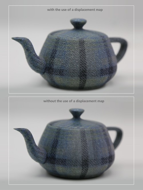 A texture-mapped teapot with and without the use of a displacement map to add fine-scale geometry. The increased visual realism comes with a small increase in the total storage. ((c) Fraunhofer IGD)