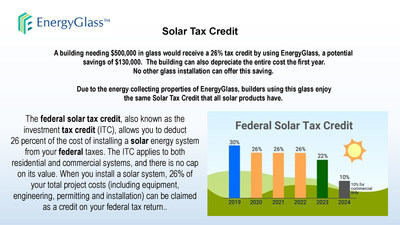 EnergyGlass Solar Tax Credit - A building needing <money>$500,000</money> in glass would receive a <percent>26%</percent> tax credit by using EnergyGlass, a potential savings of <money>$130,000.</money>  The building can also depreciate the entire cost the first year. No other glass installation can offer this saving. Due to the energy collecting properties of EnergyGlass, builders using this glass enjoy the same Solar Tax Credit that all solar products have.