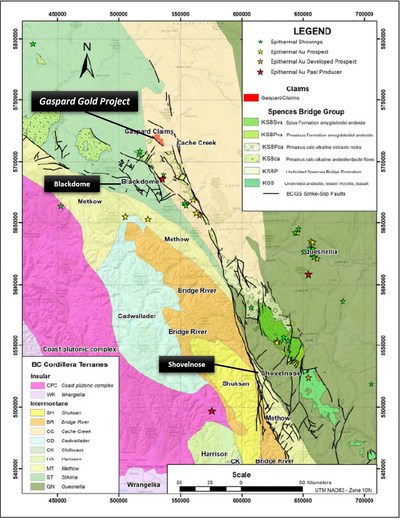 Figure 2. Regional geological and structural setting of the Gaspard Gold Project. (CNW Group/Falcon Gold Corp.)