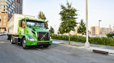 Manhattan Beer Distributors’ Volvo VNR Electric out for a morning customer delivery in Long Island City in Queens, New York.