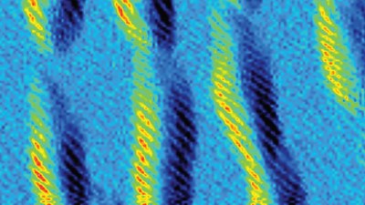 These spring-like structures are helix-shaped polymers. The helical coils are indicated by bright stripes in this side view of the tiny molecule-sized threads laying on a surface. A team of chemists used click chemistry to build these SOF4-based polymers. This image was taken by atomic force microscopy. Image: Han Zuilhof lab