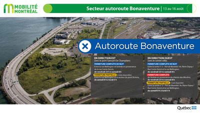 A10 est (Bonaventure), secteur centre-ville, fin de semaine du 13 aot (Groupe CNW/Ministre des Transports)