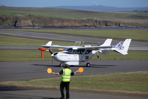 Ampaire's EEL arrives in Kirkwall for the first hybrid electric flight in Scotland. Credit: Colin Keldrie, SATE