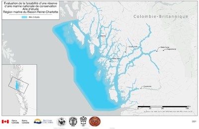 Cette carte identifie l'aire d'tude pour le projet de rserve d'aire marine nationale de conservation    
   de la Cte centrale de la Colombie-Britannique. (Groupe CNW/Parcs Canada)