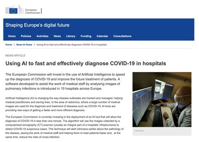 La visión de la Comisión Europea con respecto a InferVision: uso de la IA para diagnosticar rápida y eficazmente la COVID-19 en los hospitales (PRNewsfoto/InferVision AI)