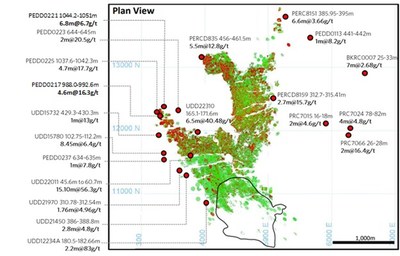 Figure 4: Plutonic Historical Significant Intercepts and Targeted New Mining Fronts (Plan View) (CNW Group/Superior Gold)