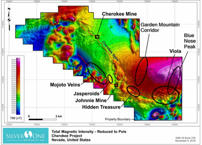 Figure 2. Total magnetic intensity map of the Cherokee project showing main target areas