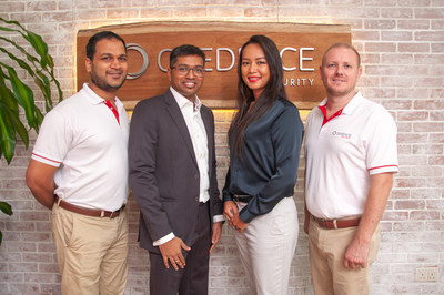 (L) Moe Bux, Sales Director, Credence Security, and Adhish Pillai, Practice Lead Cybersecurity, Finesse Direct, and Marie Ah-Choon, Channel Executive, Credence Security, and Garreth Scott, Managing Director, Credence Security (R)