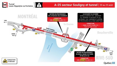 A-25 secteur Souligny et tunnel | 20 au 23 aot (Groupe CNW/Ministre des Transports)
