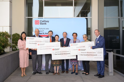 Cathay Bank Foundation presented donation checks of $100,000 each to Connie Chung Joe of Asian Americans Advancing Justice?Los Angeles (left 1), Stewart and Patricia Kwoh of Asian American Education Project (left 3 and 4), and Manjusha Kulkarni of Stop AAPI Hate, Asian Pacific Policy and Planning Council and Chinese for Affirmative Action (right 3) to support these nonprofits to promote diversity and combat anti-Asian hate.
