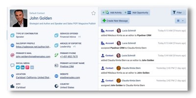 The deployment of this database enables Pipeliner CRM users to search for, find, make contact with, and contract experts across a range of disciplines, including sales, marketing, leadership development, keynote speaking, motivation and more to best suit their needs. The deployment of this database enables Pipeliner CRM users to search for, find, make contact with, and contract experts across a range of disciplines, including sales, marketing, leadership development, keynote speaking, motivation and more to best suit their needs.