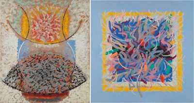 (l-r) John Ferren, The Vase, 1956, 73” x 64” and Blue Season, 1961, 75” x 75”