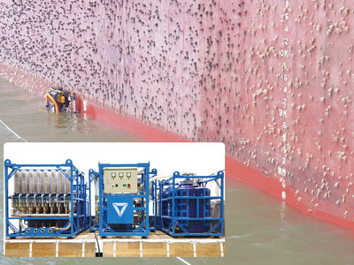 Hull Cleaning Robot cleaning ship's surface. On the left is the filtration system which cleans microorganisms and microparticles in 3 stages