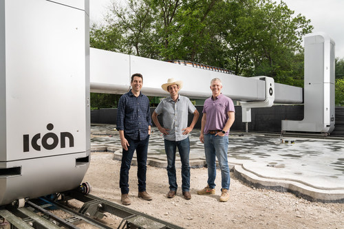 ICON co-founders, Alex Le Roux, Jason Ballard and Evan Loomis at the site of "House Zero" with ICON's next-gen Vulcan construction system. Austin, TX.