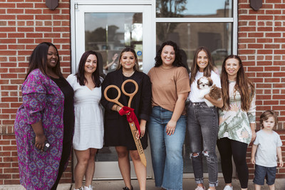 freecoat nails home office employees celebrated with a ribbon cutting ceremony prior to the grand opening of the new location in Cornelius. Shown left to right: Melyssa Ryan, Staci McDonnell, franchise owner Mikayla Keep, studio manager Bailey Hicks, Alexis VanWallaghen, and Jen Gardino.