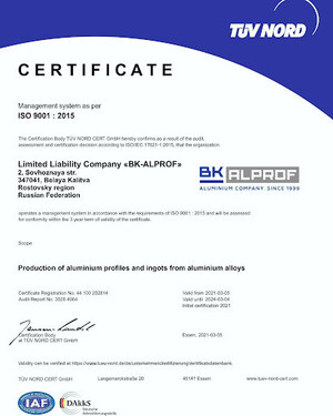 Certification of Quality Management System at BK-ALPROF