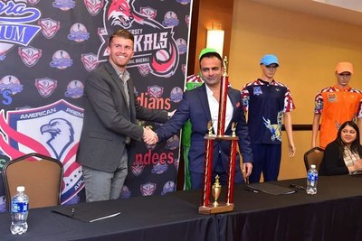 Jay Mir, Founder and CEO American Premiere League shaking hands with Gil Addeo, General Manager of New Jersey Jackals (Owner, Yogi Berra Stadium)