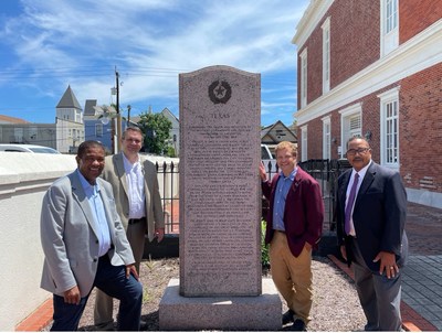 Kevin L. Jackson, Paul Judson, Mark Judson, and Douglas Matthews meet at the historical marker, located outside The Custom House in Galveston, Texas. Recognized as a "Birthplace of Juneteenth," this majestic building is where U.S. Major General Gordon Granger and 2000 federal army troops announced the emancipation of all slaves on June 19, 1865.