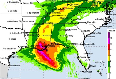 Hurricane Ida is expected to dump up to 20 inches of rain on parts of the Mississippi Gulf Coast with storm surge up to 11 feet after it makes landfall late Sunday evening or early Monday morning.  The tropical cyclone's impact will be felt far inland with parts of central and north Mississippi expected to receive from four to six inches of rain as the system weakens into a tropical storm and depression on Monday and Tuesday. - chart courtesy of National Weather Service