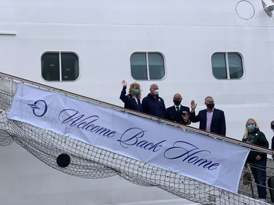 Today in Copenhagen, guests boarded Oceania Cruises' Marina for the first time in 524 days. The sign on the gangway, here with the first guests to embark read, "Welcome Back Home."