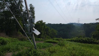 DLC Installs LineVision's V3 power line monitoring system on a tower near Pittsburgh
