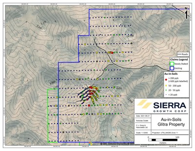 Figure 1. Glitra plan view with highlighted gold-in-soil results (CNW Group/Sierra Grande Minerals Inc.)