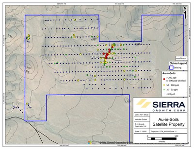 Figure 2. Sat plan view with highlighted gold-in-soil results (CNW Group/Sierra Grande Minerals Inc.)