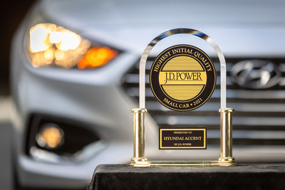 The J.D. Power 2021 U.S. Initial Quality Study (IQS)sm trophy for best small car sits in front of a 2021 Hyundai Accent in Fountain Valley, Calif., Aug. 31, 2021. (Photo/Hyundai)