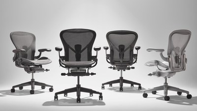 Herman Miller's Aeron Chair, now with ocean-bound plastic, is available in a palette of four material expressions centered on elements pulled from the Earth: Onyx, Graphite, Carbon, and Mineral.