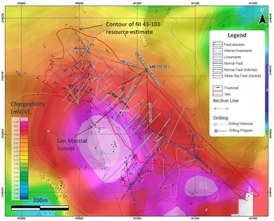 Figure 2 - San Marcial Resource Area with Location of Phase 1 Planned Drill Program with Chargeability Contours (CNW Group/GR Silver Mining Ltd.)