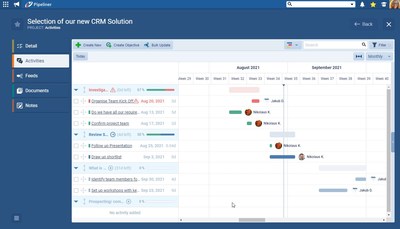 Pipeliner's new project management functionality allows users to track task durations and visualize them using a Gantt view.
