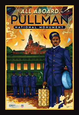 In celebration of Pullman National Monument, NPF and Union Pacific commissioned local Chicago artist Joe Nelson to create this vintage-style poster honoring the stories of Pullman. Image description: The design features a drawing of a Pullman Porter, in uniform and holding luggage, standing in front of illustrations of a historic Pullman sleeping car, the iconic Clock Tower, and four Pullman Porter colleagues, with the words 