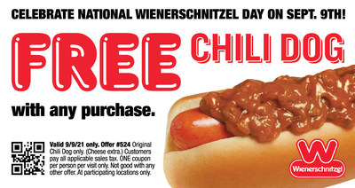 Celebrate National Wienerschnitzel Day (9/9) at Wienerschnitzel & receive a FREE Chili Dog with purchase! Present this coupon when ordering.