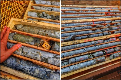 Figure 3. Photographs from recent drilling at the Seel Breccia Zone. Left: 20-centimetre-wide semi-massive chalcopyrite zone within a widespread breccia from 45 metres depth in hole S21-281. Right: Breccia zone from 27 to 37 metres in hole S21-270. Note large blebs of chalcopyrite throughout the breccia matrix.