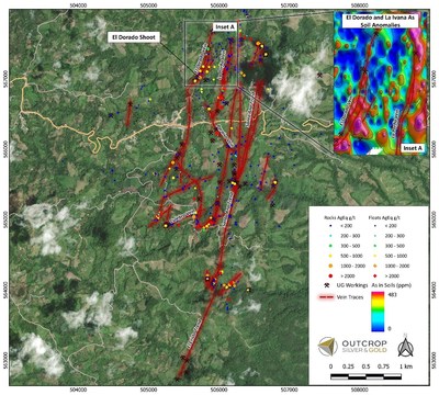 Map 1: Up to 1,000 metre extension of Santa Ana vein system from the northernmost discovered El Dorado. Inset shows good correlation of statistically composited soil assays with vein traces and historic workings. Insert A shows highlights the up to 1,000 metre northern extension of the El Dorado and La Porfia (La Ivana) and their correlation with workings and soil anomalies. (CNW Group/Outcrop Silver & Gold Corporation)