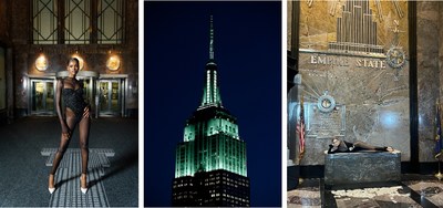 A model poses in the Empire State Building lobby (L); The Empire State Building lights mint for NYFW (M); A model lays on a desk in the Empire State Building lobby (R).