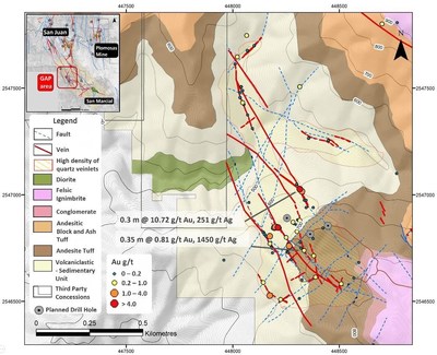Figure 1 – Geologic Map of the GAP Area with sample locations and highlights of high-grade Au-Ag results (CNW Group/GR Silver Mining Ltd.)