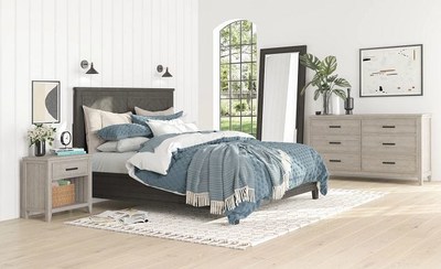 Chevron's bedroom set is crafted in solid pine, and marked by subtle, V-shaped pattern details, and loaded with quality features like soft-close drawers, and light sensor switches built into headboards.