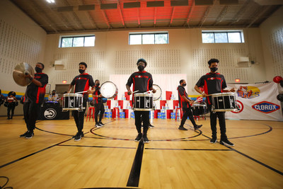 The Atlanta Hawks’ drumline, ATL Boom, performs for students and faculty of Emma Hutchinson Elementary School in Atlanta, Ga. as part of the Clorox brand’s surprise pep rally to announce its $1,000,000 donation to DonorsChoose along with $100,000 and a year’s supply of wipes to Atlanta Public Schools on Wednesday, Sept. 8, 2021.
