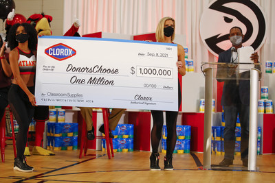 Associate Brand Director at The Clorox Company, Cedric McCants, celebrates the Clorox brand’s $1,000,000 donation to DonorsChoose to fund school supplies for teachers nationwide, kicking off the announcement during a surprise pep rally with the Atlanta Hawks for students and staff from Emma Hutchinson Elementary School on Wednesday, Sept. 8, 2021 in Atlanta, Ga.