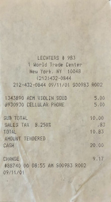 This may well be the last receipt generated in the shops of the World Trade Center before the Twin Towers collapsed. (Photo courtesy of Joanne Lipman)