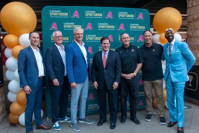 Caesars Sportsbook Co-Presidents Eric Hession and Chris Holdren, Caesars Sportsbook Chief Trends Officer Trey Wingo, Governor of Arizona Doug Ducey, CEO and President of Arizona Diamondbacks Derrick Hall, World Series Champion Luis Gonzalez, and JB Smoove celebrate the launch of sports betting in Arizona at Caesars Sportsbook at Chase Field, Home of the Arizona Diamondbacks on Thursday, Sept. 9, 2021