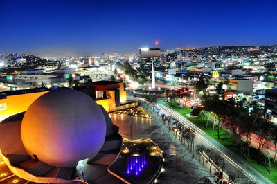 A nighttime view of Tijuana from above the Tijuana Cultural Center (CECUT) in the Zona Río district of Tijuana, Mexico.