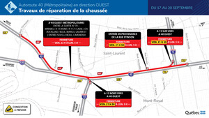 Autoroute 40 (Métropolitaine) à Montréal - Fermeture complète en direction ouest du 17 au 20 septembre 2021