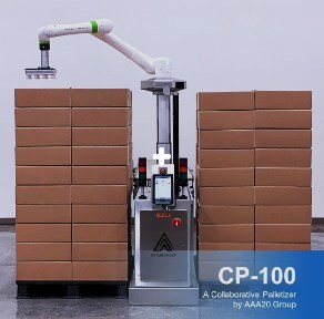 Collaborative palletizing robot by AAA20 Group. This robotic palletizer is designed to work along with your staff by automatically stacking boxes onto the pallet for transportation.