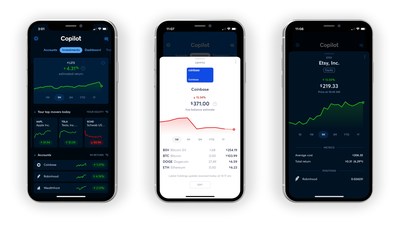Copilot's new Investments section, shown in both dark and light mode, gives users the ability to navigate their investment data across accounts and services for a holistic picture of their financial standing.