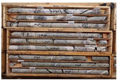 Figure 3: Example of bulk tonnage mineralization within the Granite. Strong Major and Minor veining with pervasive Silica alteration between 349m-358.25m in hole SB-2021-025. (CNW Group/Talisker Resources Ltd)