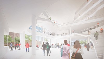 The interior of the planned School of Computer, Data & Information Sciences Building at the University of Wisconsin–Madison will be the center of the campus computer science community.